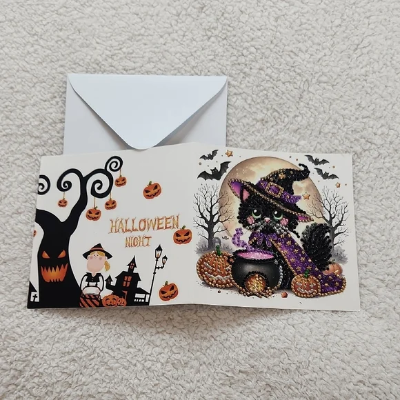 Halloween Cat Greeting Card with Purple Accents Diamond Painting Art Frameable - Picture 4 of 5